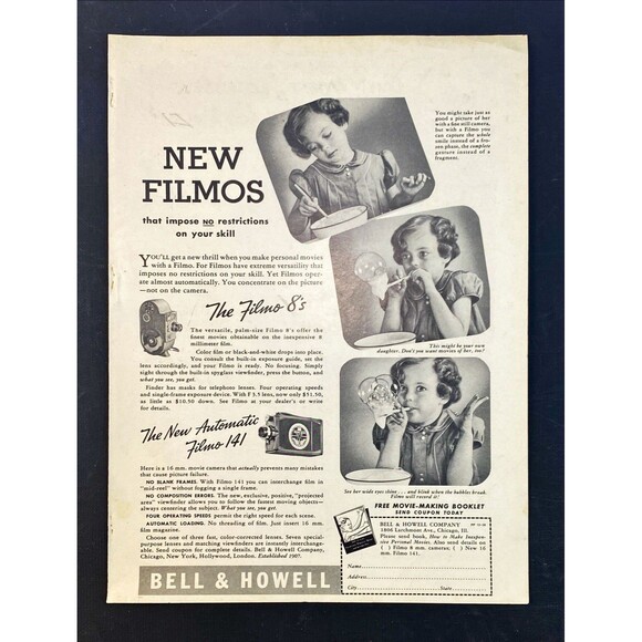 Bell & Howell "Filmo Movie Cameras: Sequence Photos Girl Blowing Bubbles"Ad 1938 - Picture 3 of 3